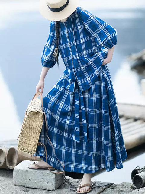 Kvinder sommer vintage plaid 100% linned løse jakkesæt