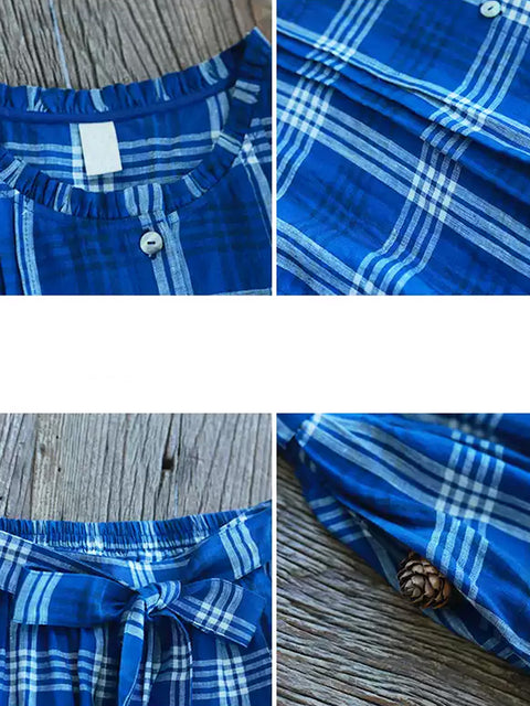 Kvinder sommer vintage plaid 100% linned løse jakkesæt