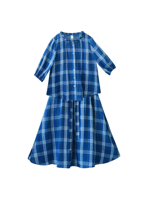 Kvinder sommer vintage plaid 100% linned løse jakkesæt