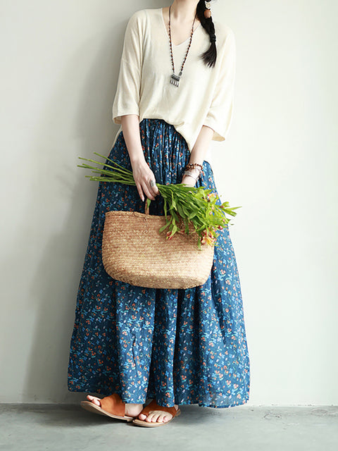 Women Spring Artsy Floral A-Shape Ramie Skirt