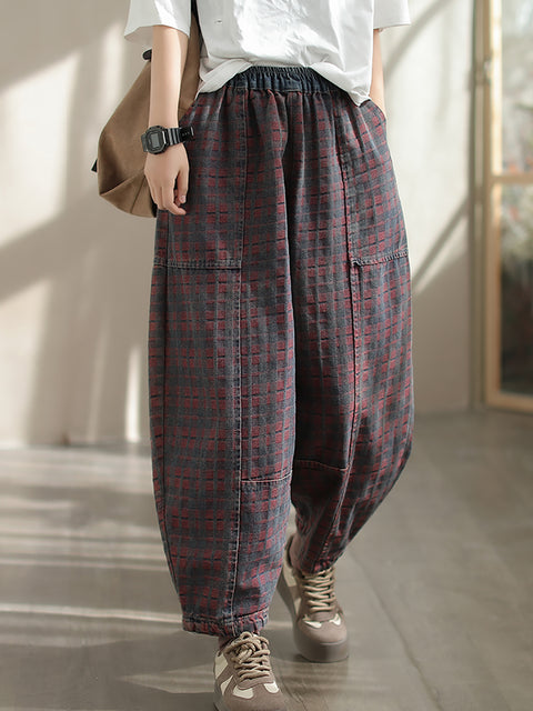 Kvinder Forår Retro Plaid Denim Harem Bukser