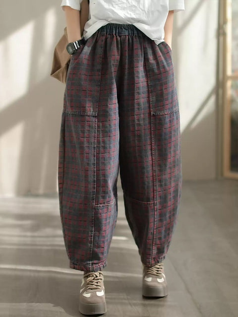 Kvinder Forår Retro Plaid Denim Harem Bukser