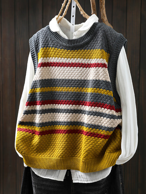 Kvinder Forår Casual Colorblock Stripe O-hals strik vest