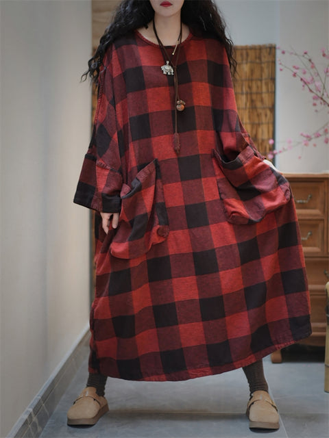 Kvinder Spring Artsy Plaid O-hals bomuld Maxi Kjole