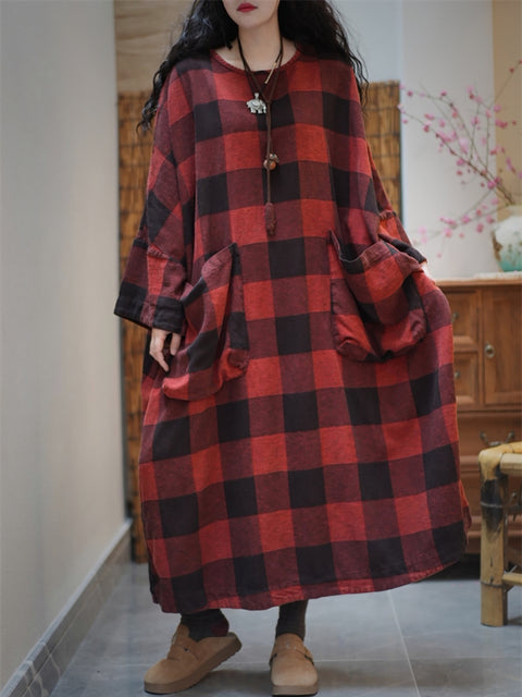 Kvinder Spring Artsy Plaid O-hals bomuld Maxi Kjole