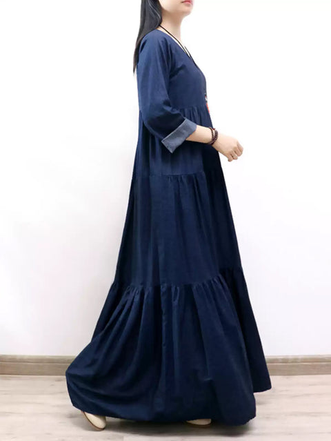 Women Spring O-Neck Denim Tiered Maxi Dress