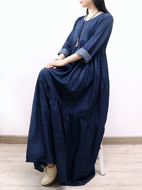 Women Spring O-Neck Denim Tiered Maxi Dress