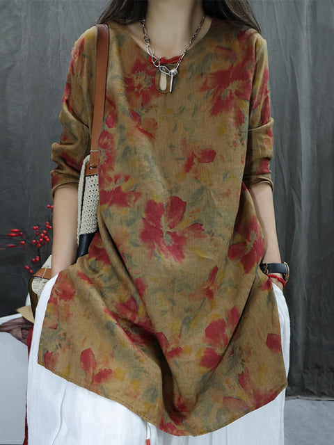 Women Artsy Spring Flower O-Neck 100%Linen Shirt