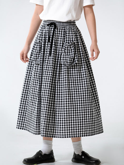 Women Summer Artsy Plaid A-Shape 100%Cotton Skirt