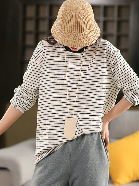 Kvinder Spring Stripe Colorblock bomuld O-hals skjorte