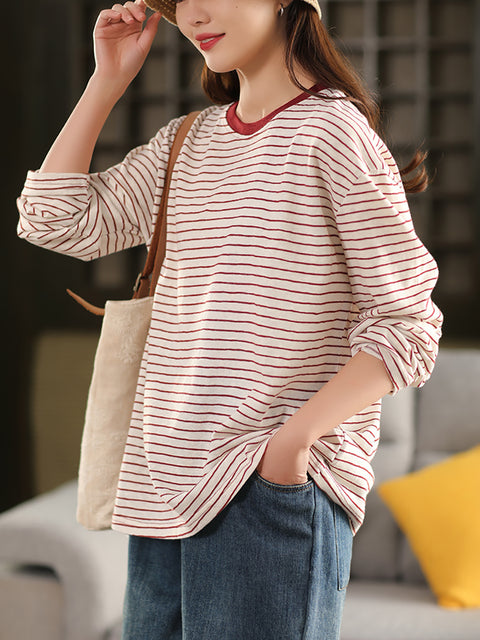 Kvinder Spring Stripe Colorblock bomuld O-hals skjorte