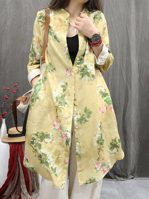 Kvinder Vintage Flower Stand Collar 100% Linen Long Shirt