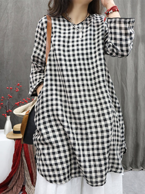 Kvinder vintage plaid o-hals 100% linned lang skjorte