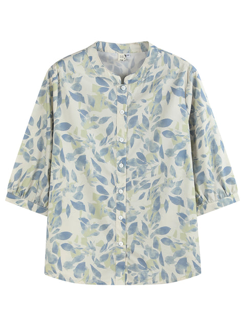 Kvinder Sommer Artsy Flower 100% Bomuld Stand Collar Shirt