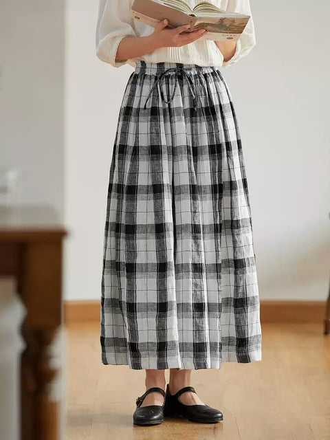 Kvinder Sommer Retro Plaid Løs 100% linned nederdel