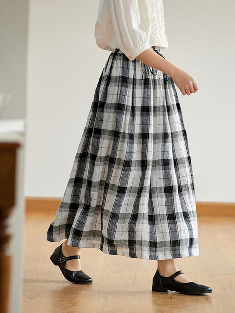 Kvinder Sommer Retro Plaid Løs 100% linned nederdel