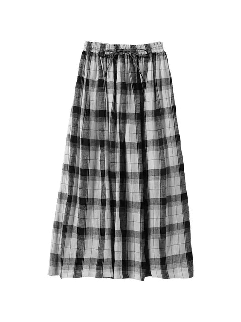 Kvinder Sommer Retro Plaid Løs 100% linned nederdel