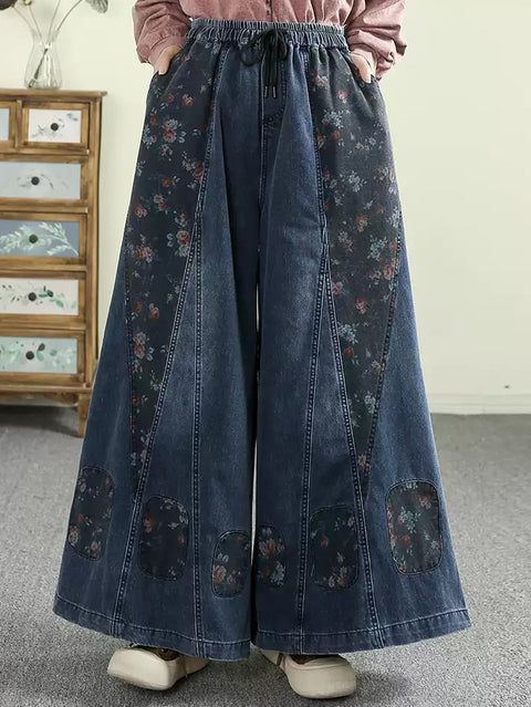 Kvinder Spring Retro Flower Splejset Denim Bukser med brede ben