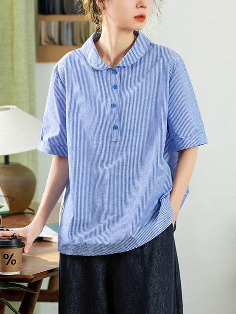 Women Summer Artsy Stripe Cotton Linen Shirt