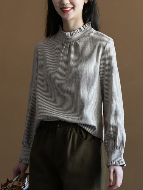 Kvinder Summer Stripe Bomuld Linned Lace Collar Shirt