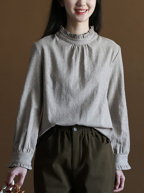 Kvinder Summer Stripe Bomuld Linned Lace Collar Shirt