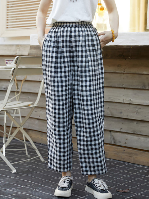 Kvinder Spring Plaid Løse 100% hør Harem Pants