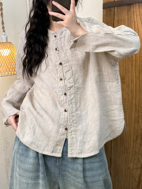 Women Spring Retro Stand Collar Linen Shirt