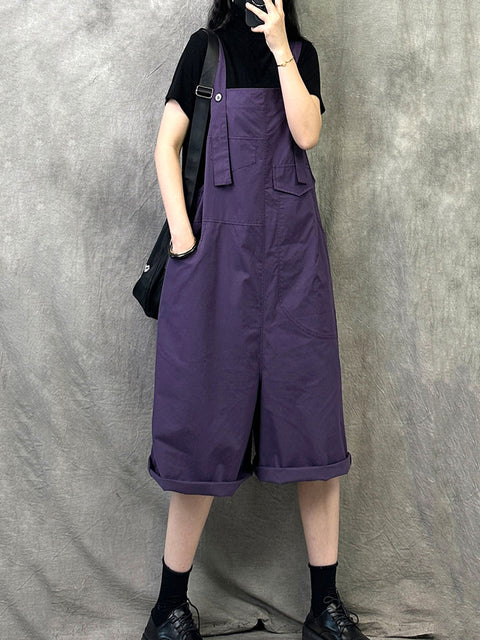 Women Summer Casual Pure Color Cotton Short Jumpsuits