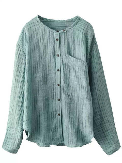 Women Spring Artsy Stripe 100%Linen O-Neck Shirt