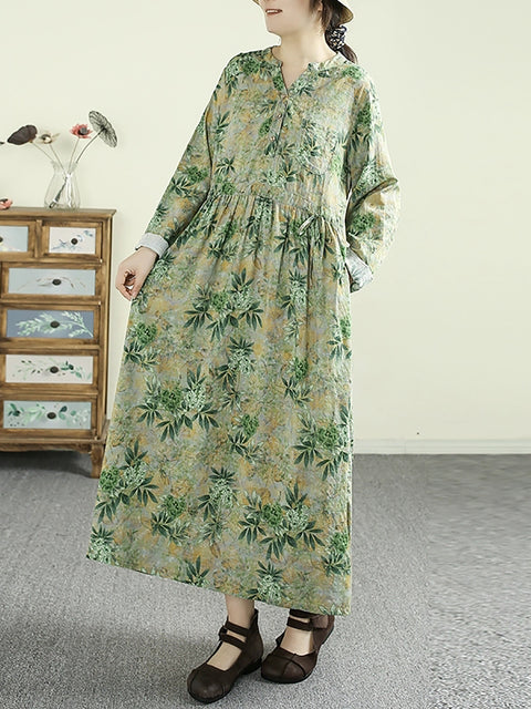 Women Vintage Flower Cotton V-Neck Loose Dress