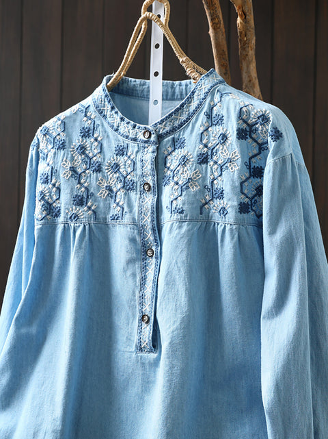 Women Spring Ethnic Embroidery 100%Cotton Denim Shirt