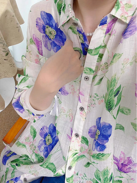 Women Spring Artsy Flower Button-up 100%Ramie Shirt