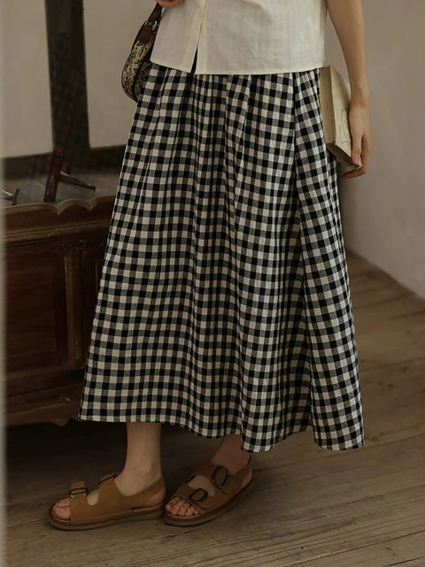 Kvinder sommer vintage plaid løs nederdel i 100% bomuld