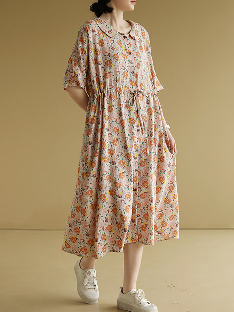 Kvinder Sommer Artsy Flower Cotton Loose Dress