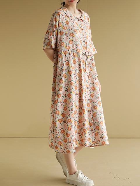 Kvinder Sommer Artsy Flower Cotton Loose Dress