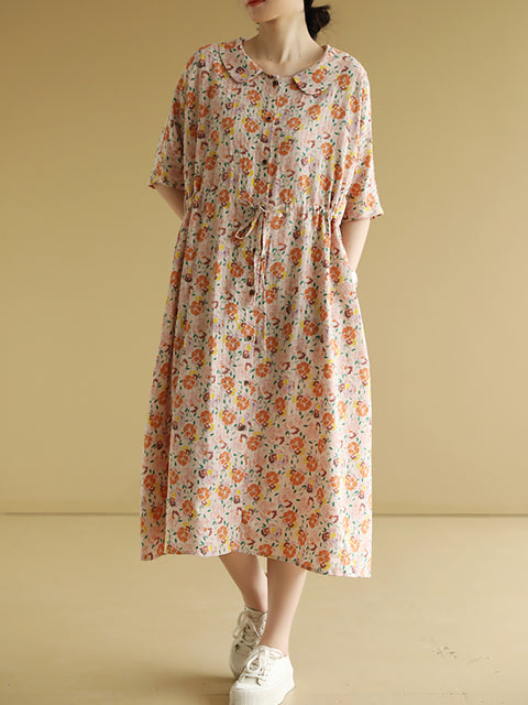 Kvinder Sommer Artsy Flower Cotton Loose Dress