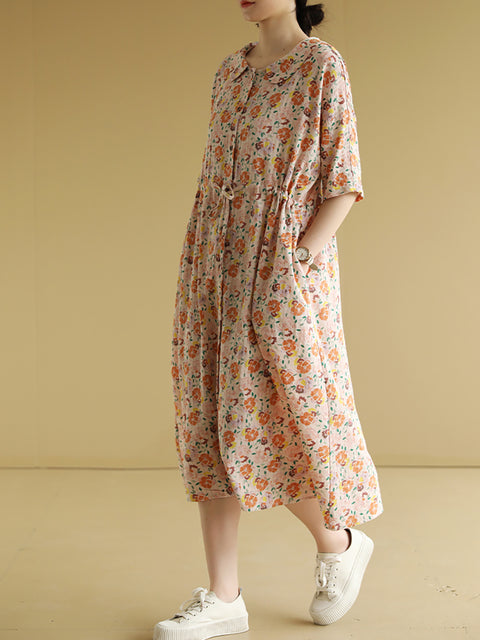 Kvinder Sommer Artsy Flower Cotton Loose Dress