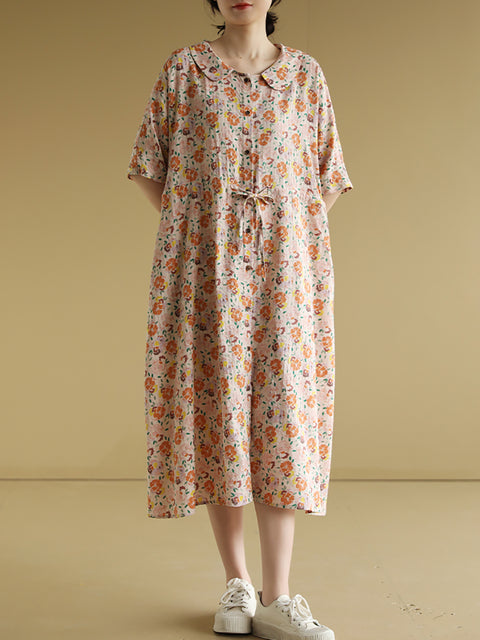 Kvinder Sommer Artsy Flower Cotton Loose Dress