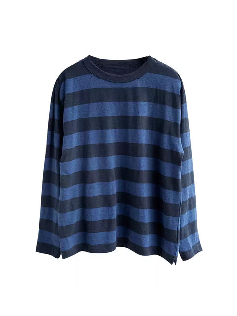 Women Spring Casual Stripe O-Neck Cotton Shirt