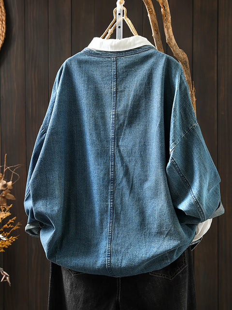 Women Vintage Spring V-Neck Denim Shirt Coat