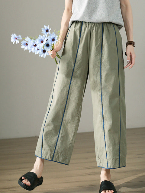 Women Spring Casual Colorblock 100%Cotton Wide-leg Pants