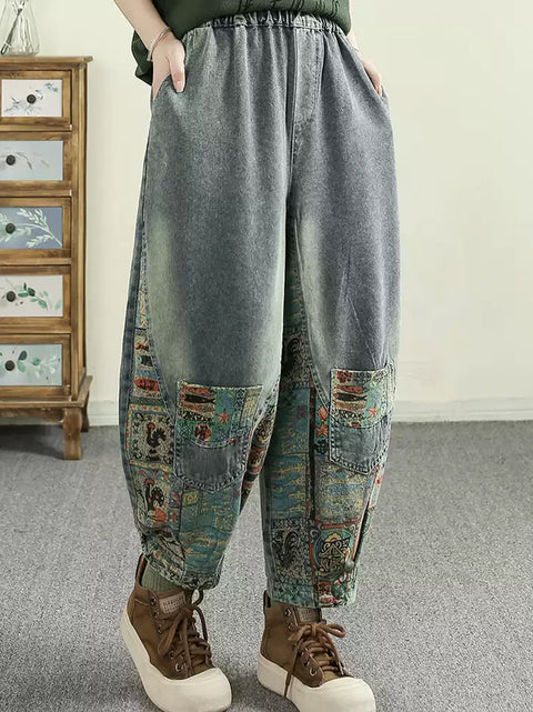 Kvinder Spring Retro Patch Splejset Harem Denim Bukser