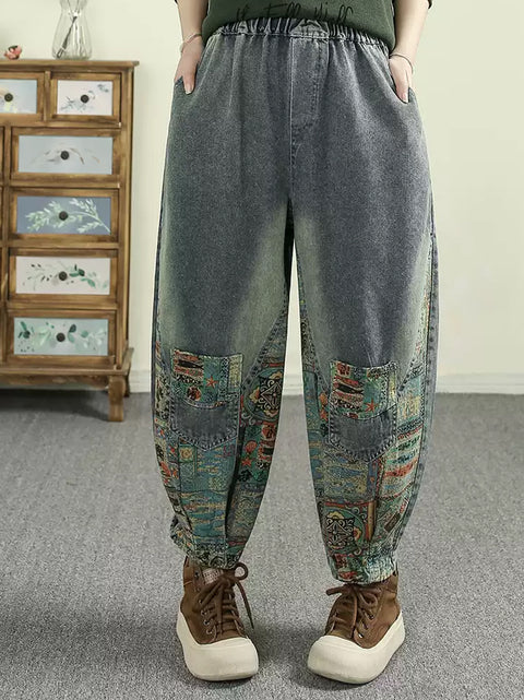 Women Spring Retro Patch Spliced Harem Denim Pants