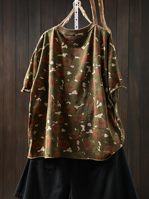 Women Summer Casual Camouflage O-Neck Cotton Shirt