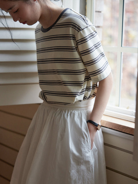 Women Summer Casual Stripe O-Neck Loose Shirt