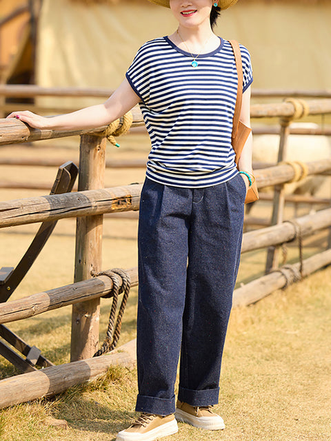 Kvinder Forår Casual Stripe løs skjorte med o-hals