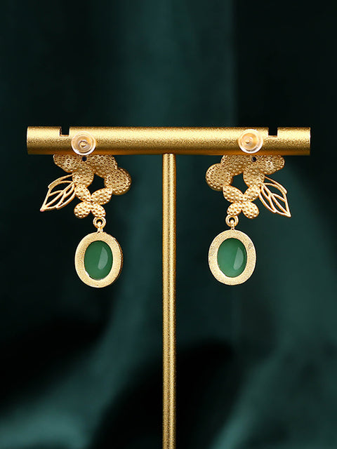 Women Flower Enamel Green Jade Glod Plate Earrings