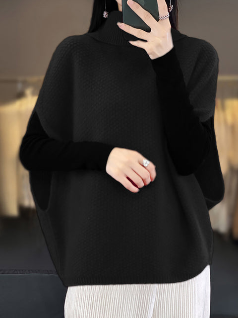 Women Autumn Solid Turtleneck 100%Wool Knit Loose Vest