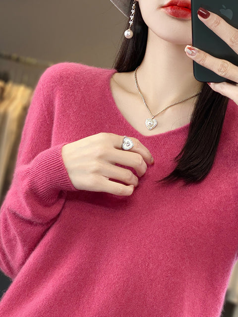 Women Autumn Pure Color V-Neck Knit Sweater