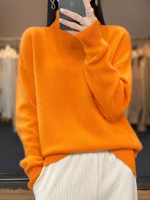 Women Autumn Turtleneck Knit 100%Wool Sweater